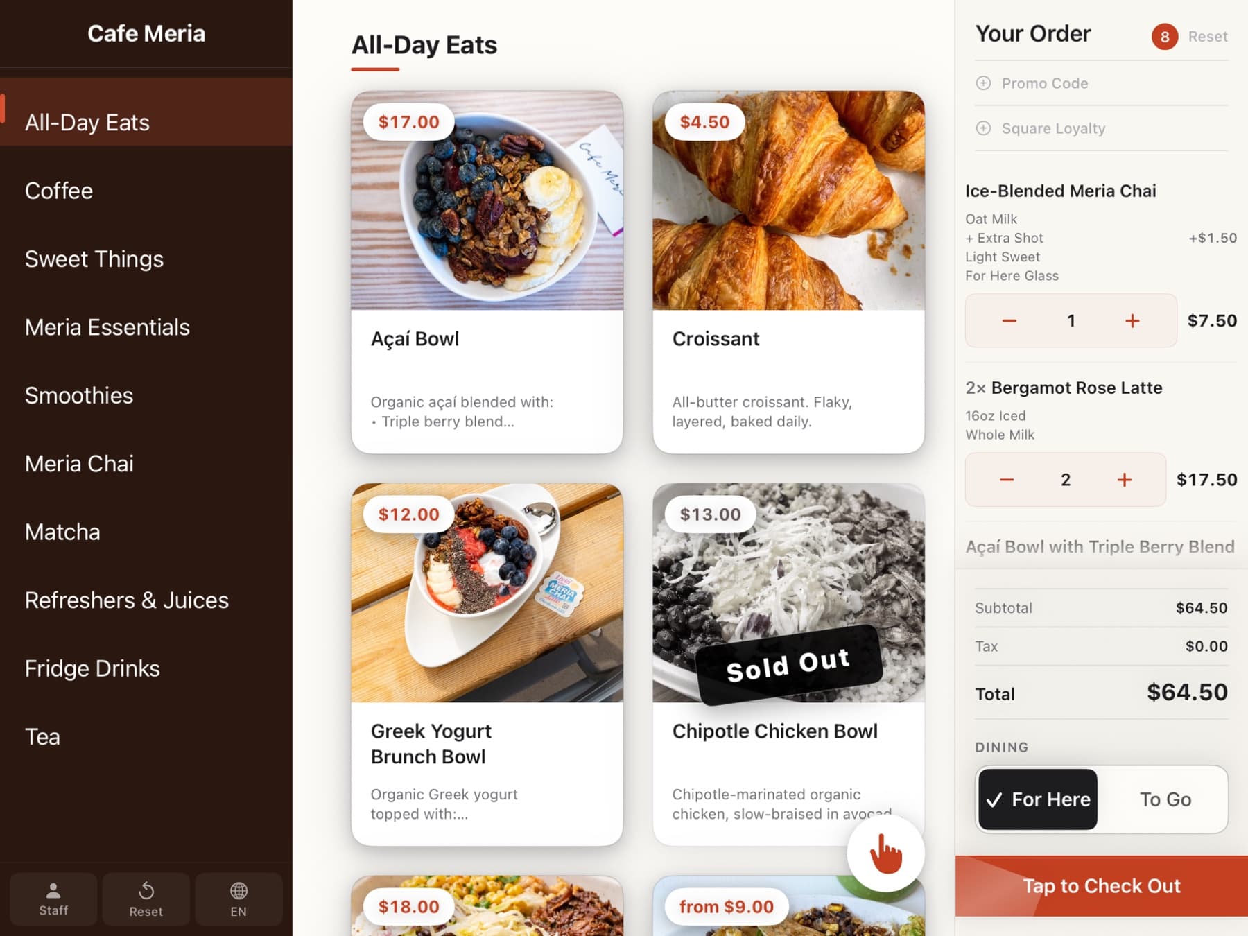 Order June showing the persistent cart rail with multiple items mid-rush