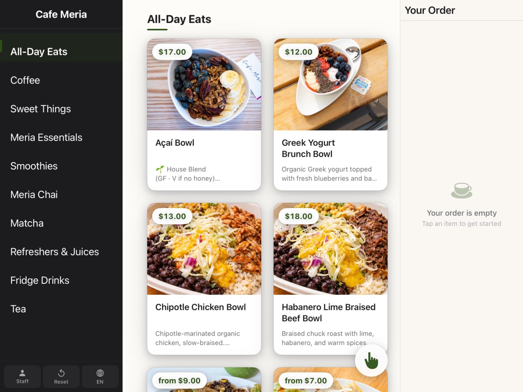Order June on a landscape iPad — category sidebar on the left, a menu grid of photo tiles in the middle, and the live cart rail on the right