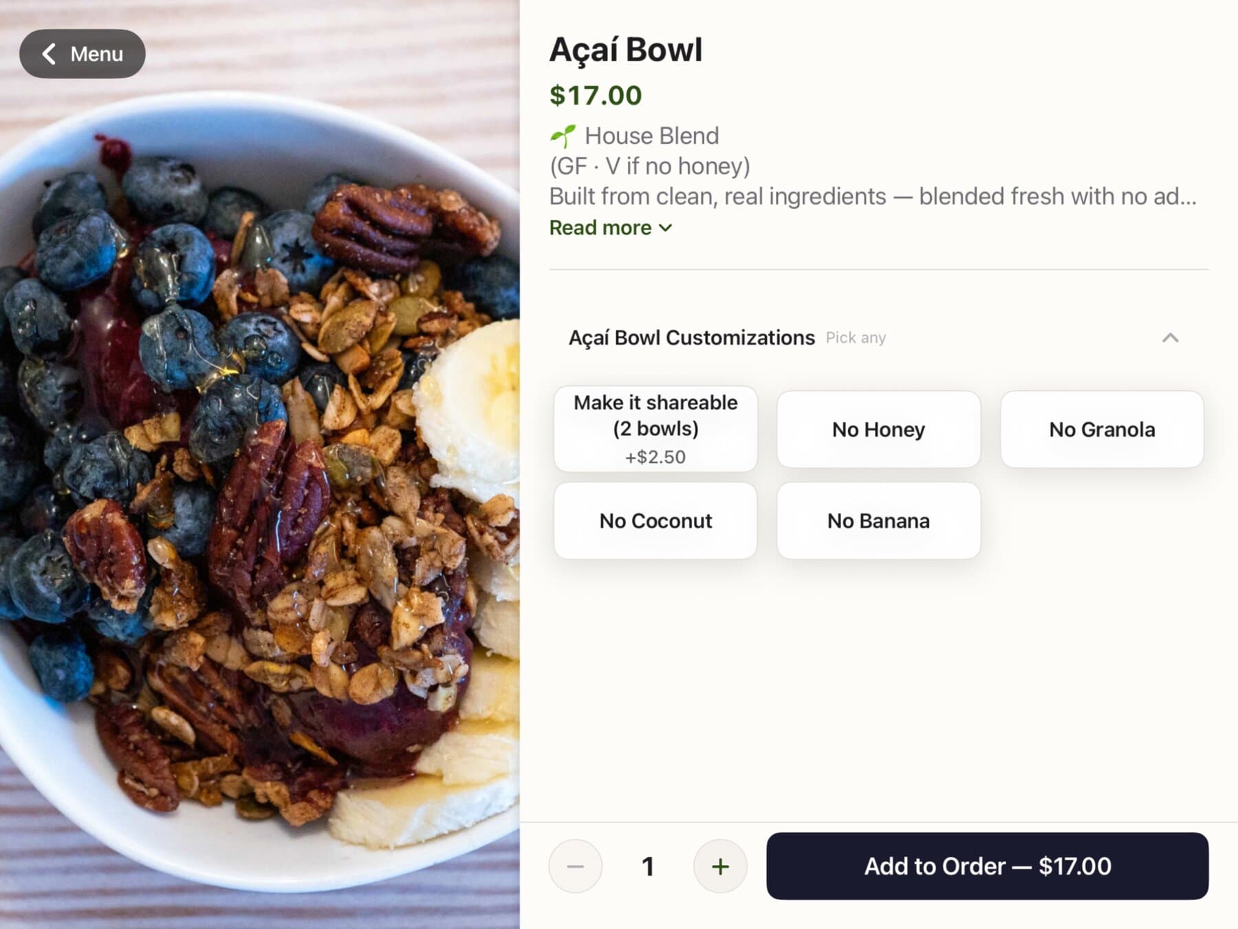 The item detail screen with modifier choices, quantity, and Add to cart button