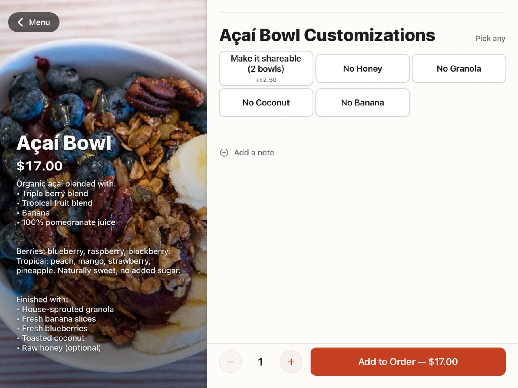 Order June item-detail screen on a landscape iPad showing the modifier flow