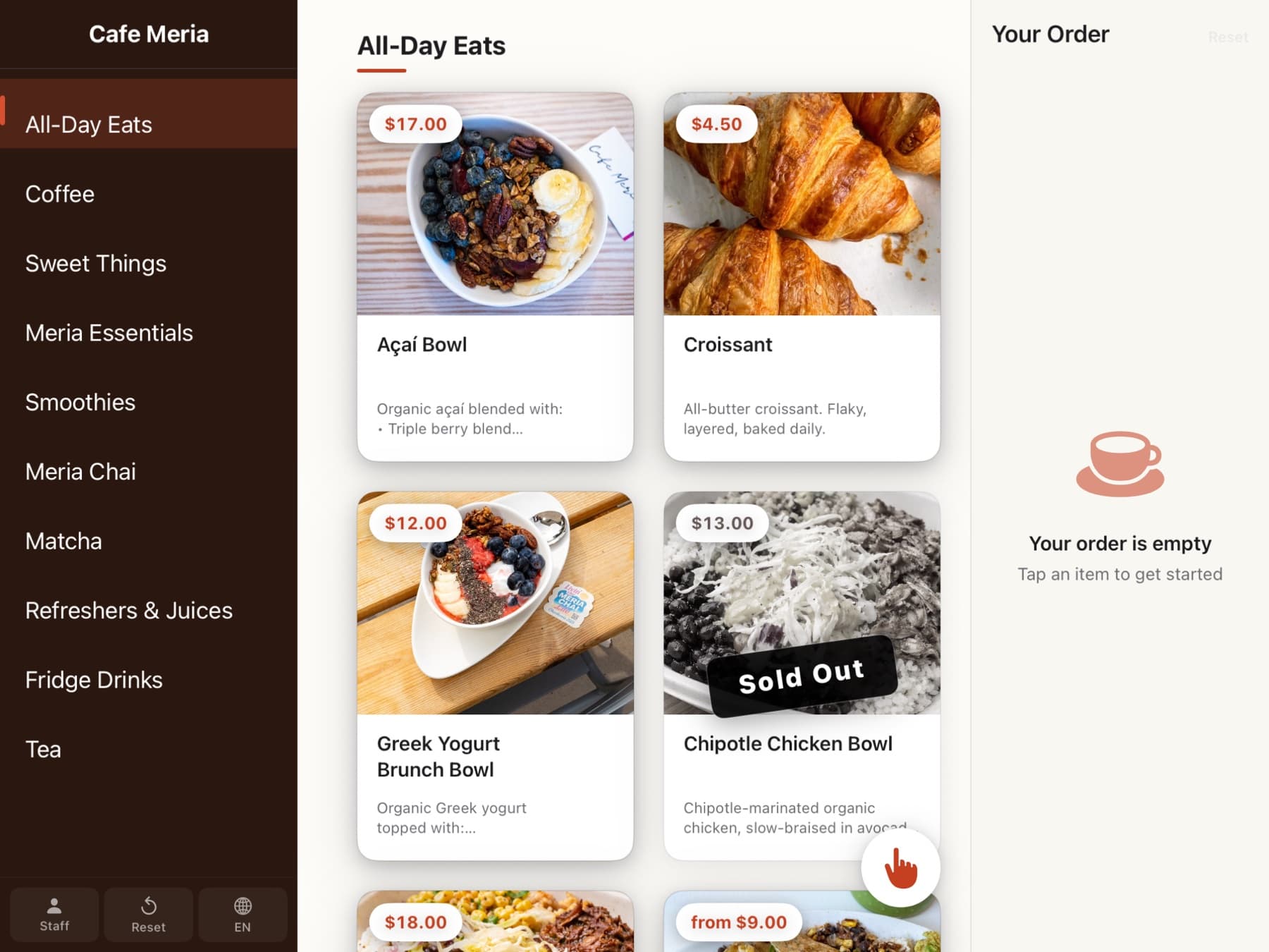 The menu view on Order June — grid of item tiles with photos and prices, category sidebar on the left