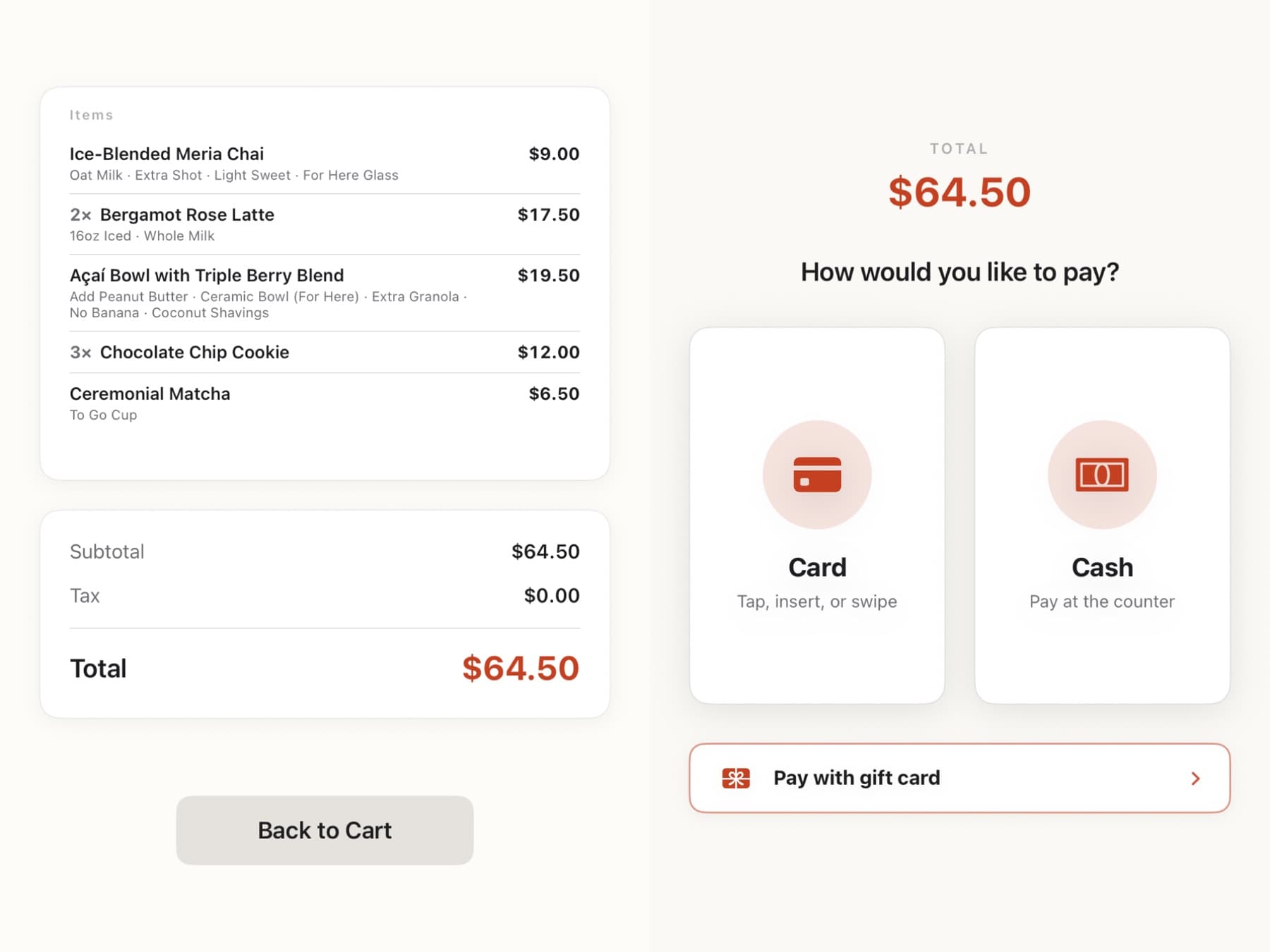 Order June payment screen showing the cart total and payment-method options