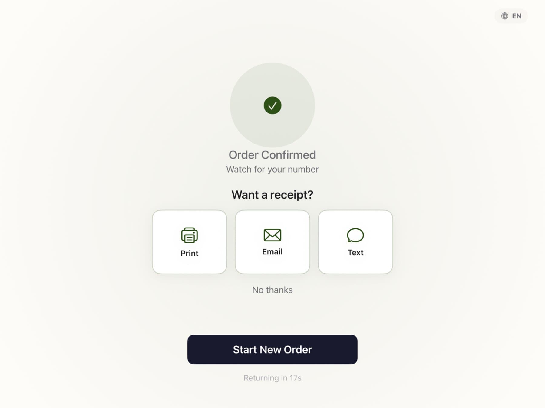 The confirmation screen with the order number, thank-you message, and receipt options